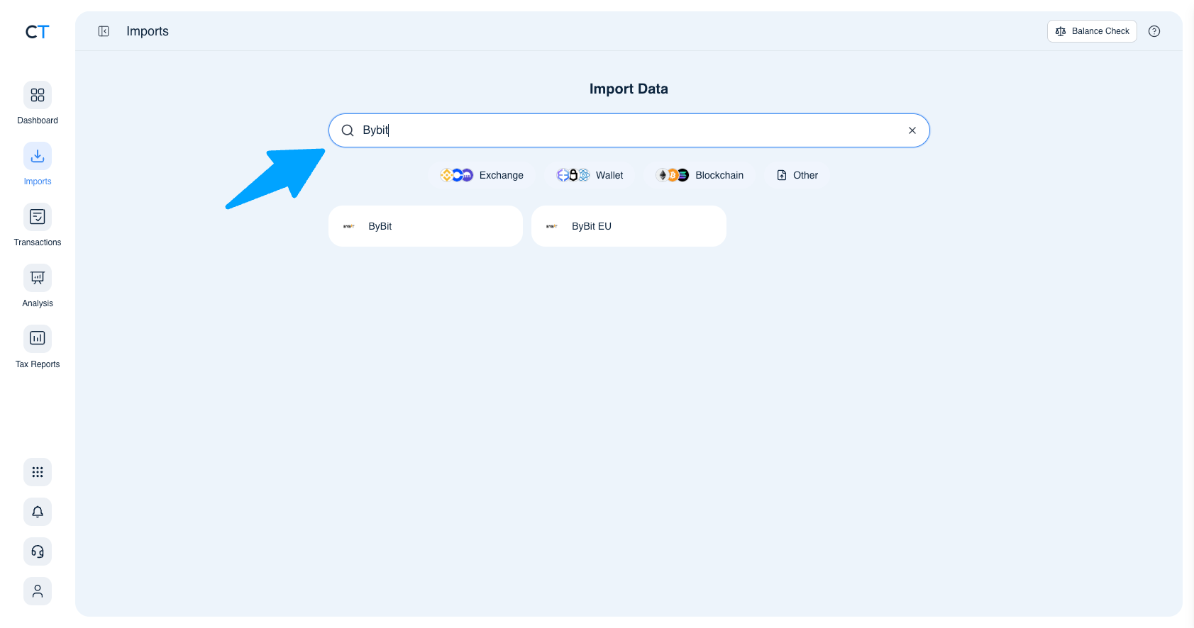 CoinTracking Import search showing ByBit and ByBit EU results
